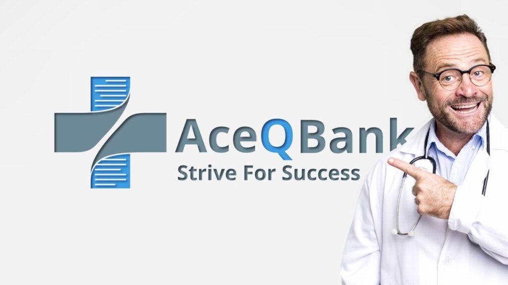 Aceq bank logo featuring a man pointing at it, designed specifically for MCCQE1 exam preparation.