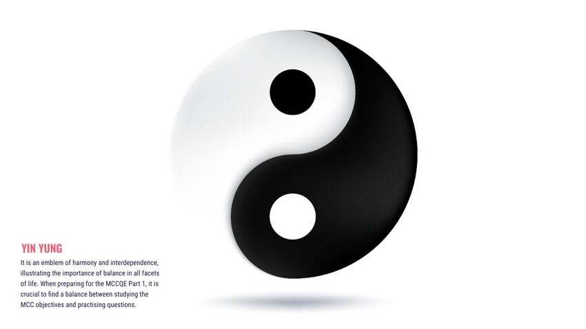 A black and white Yin Yang symbol on a white background represents balance in MCCQE1 exam preparation with Ace QBank.