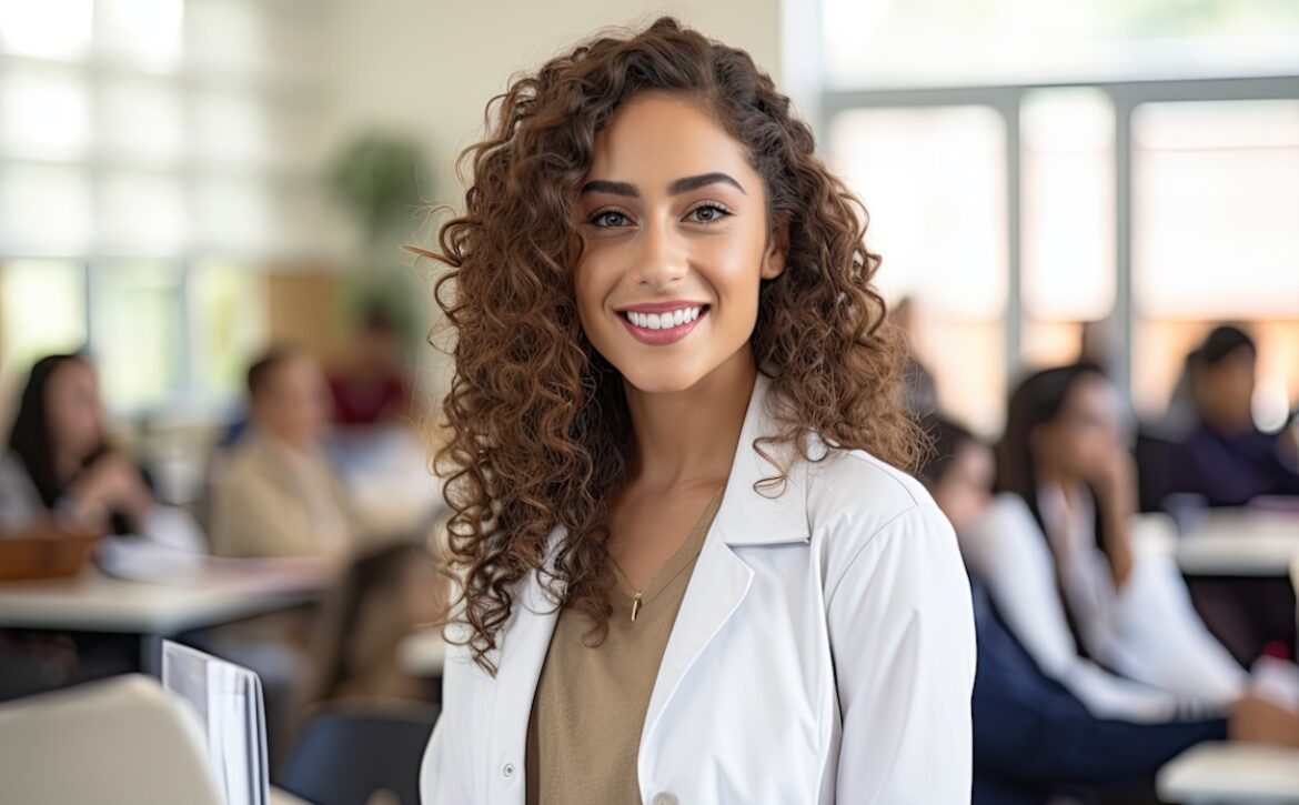 A woman in a lab coat is smiling confidently in front of a classroom, having successfully achieved a high MCCQE1 passing score.