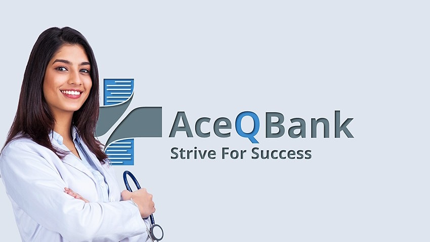Aceq bank logo with a medical student who passed MCCQE part 1 in a lab coat.