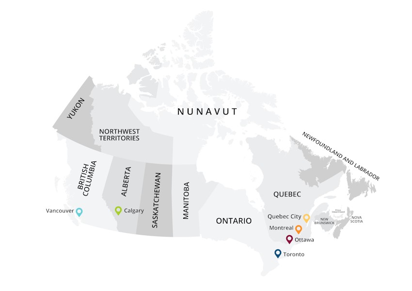 A map showing the locations of Canada for PRA programs.