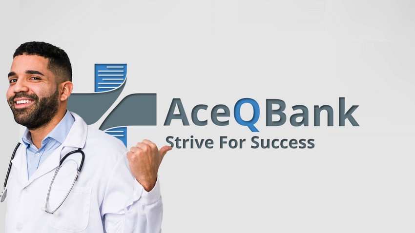 Smiling healthcare professional with stethoscope in front of the Ace QBank logo with the tagline "Strive for success for MCCQE1"