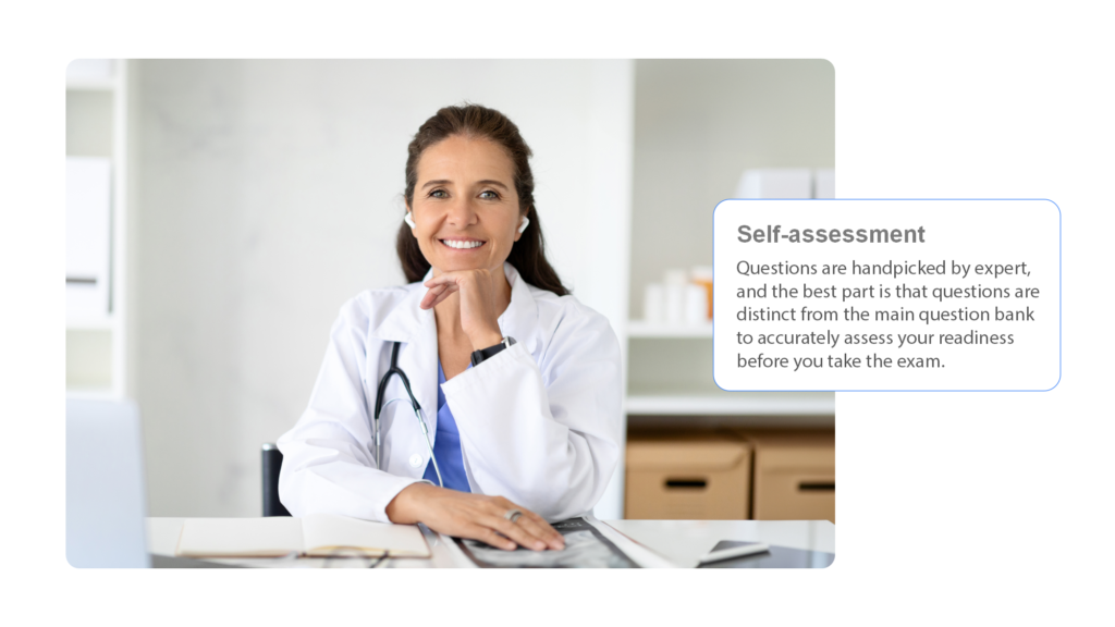 A smiling female doctor sitting at a desk with a text overlay about MCCQE1 exam preparation self-assessment.
