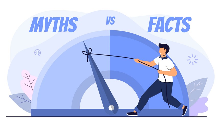 Illustration of a man using a lever to tip the balance between "myths" and "facts" toward facts for Ultimate Key to Passing PLAB and MCCQE1.