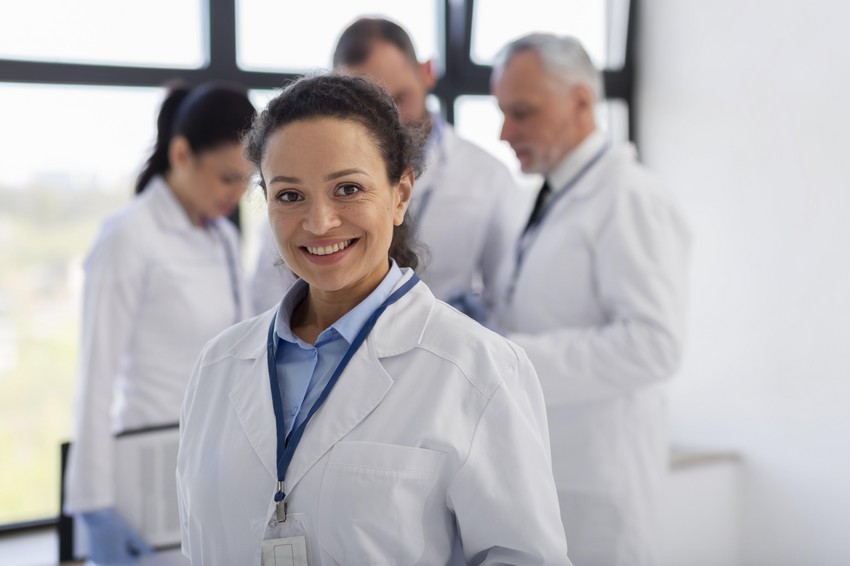 An IMG doctor in lab coats standing in front of a group, prepared for the MCCQE Part 1.