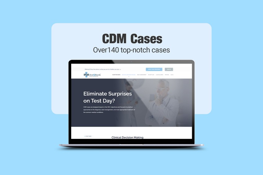 A laptop screen displaying a medical website titled "CDM cases," ready to deep dive into the best MCCQE1 Qbank.