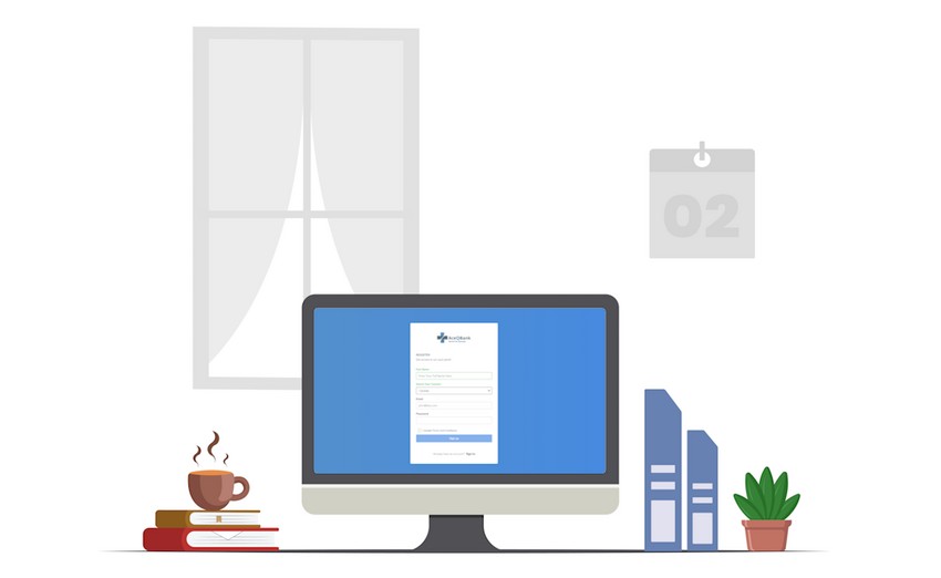 A minimalist home office setup with a computer monitor displaying Ace QBank Demo account login, a coffee cup, books, mini building models, and a potted plant, near a window and under a wall calendar showing february 2.