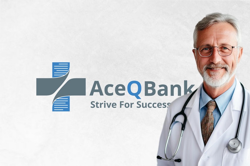 An older male doctor with a stethoscope smiling, standing beside the logo of Ace QBank with the slogan "strive for success".