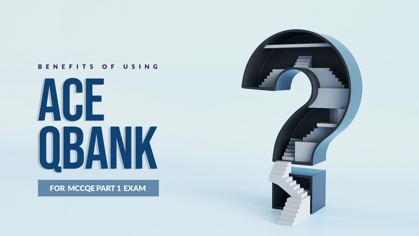 Promotional vector graphic for "Ace QBank" with a large 3D question mark, try to deep dive into the best MCCQE1 Qbank and highlight its benefits for the MCCQE1 exam, set against a blue background.