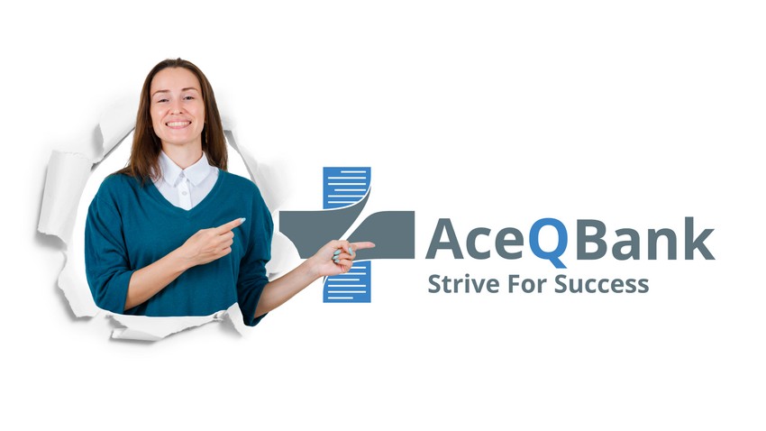 Woman smiling and pointing towards the Ace QBank logo, emphasizing the MCCQE Part 1 exam preparation.