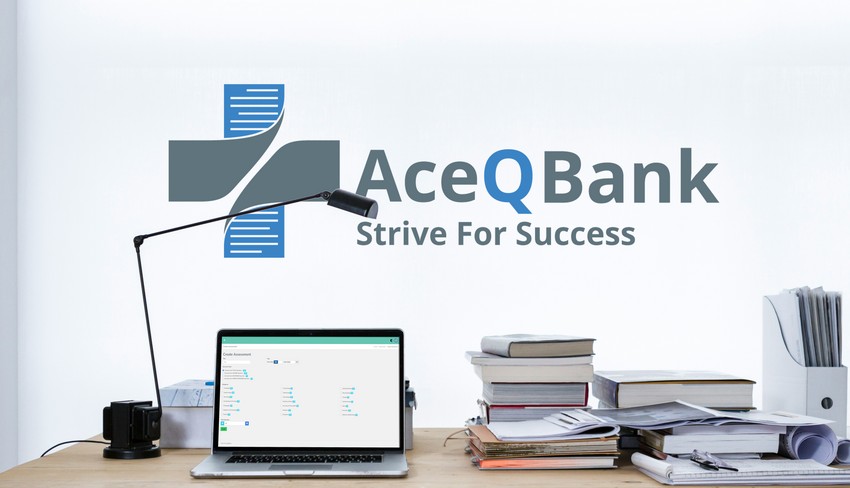 A modern office workspace with a laptop on the desk, a pile of books for MCCQE1 exam preparation, and a wall featuring the Ace QBank logo and slogan strive for Success.