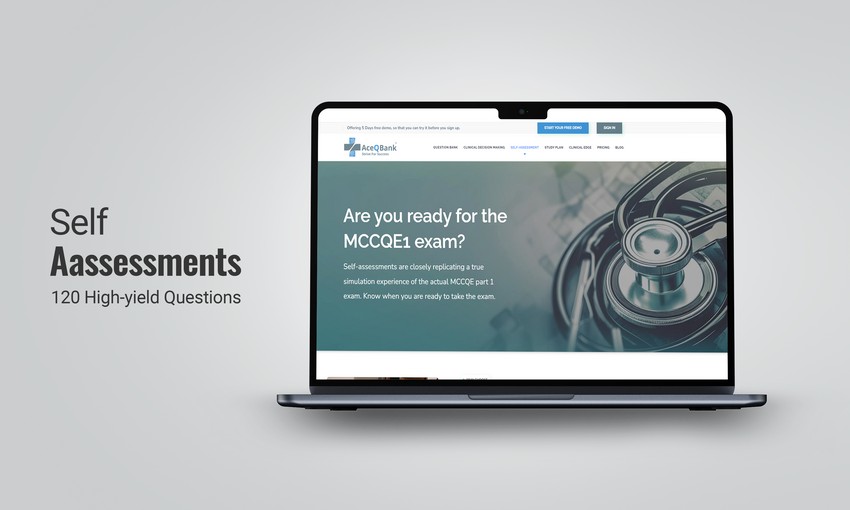 Laptop displaying a webpage for mccqe1 exam self-assessments with the headline "are you ready for the mccqe1 exam?.