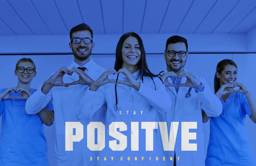 Four doctors making heart shapes with their hands, with a motivational text "stay positive, stay confident" overlay for MCCQE1 exam preparation.