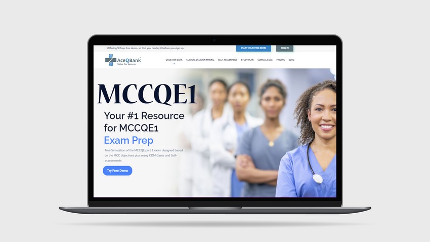Laptop displaying Ace QBank webpage for MCCQE1 exam preparation with a group of healthcare professionals in the background.