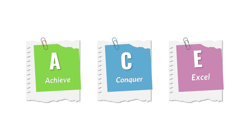 Three torn paper notes pinned on a wall, colored green, blue, and pink, with the letters and words "a achieve", "c conquer", and "e excel" printed on them for MCCQE1.
