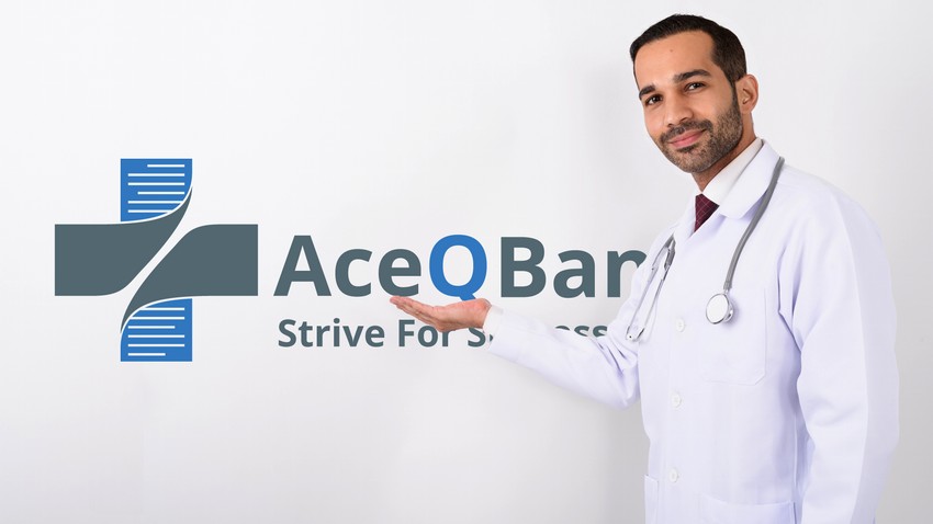 A male doctor in a white coat smiling at the camera, presenting a logo reading "Ace QBank strive for success" on a white background.