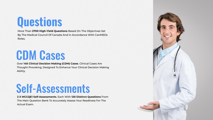 A young male doctor in a lab coat smiling and standing next to educational text about medical high-yield questions, clinical decision-making cases, and self-assessments on a blue background for MCCQE1 exam preparation.
