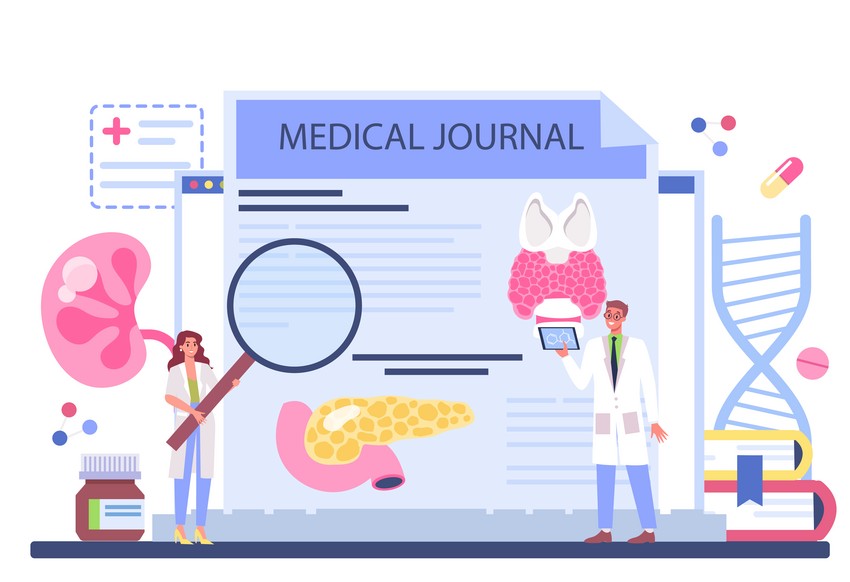 Two medical professionals analyzing a giant medical journal with illustrations of organs and a DNA helix in preparation for the MCCQE Part 1, focusing on evidence-based medicine.