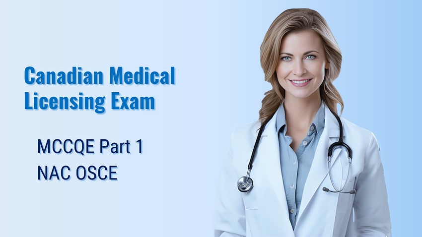 A confident female doctor with a stethoscope, standing in front of text about the Canadian medical licensing exam for MCCQE1 exam in Is MCCQE part 1 worth taking? blog