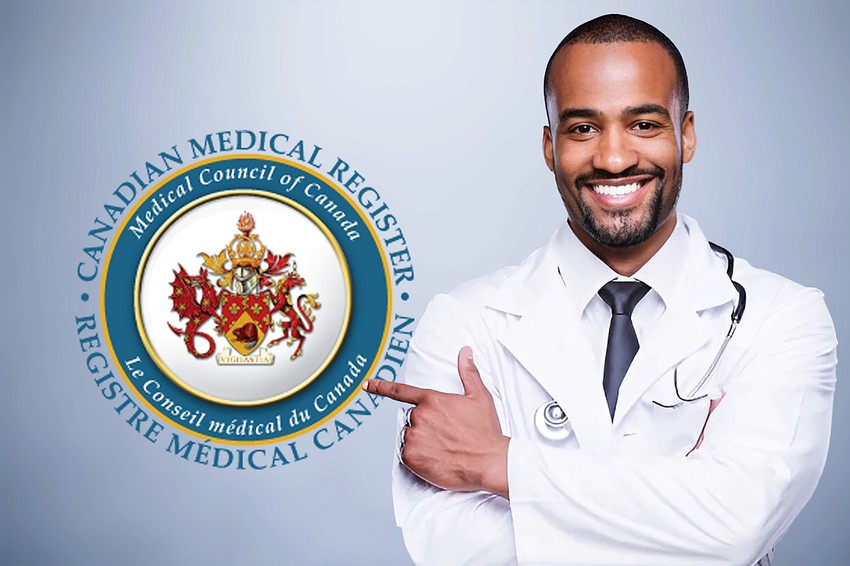 A smiling male doctor with crossed arms wearing a lab coat, standing next to the emblem of the Canadian medical register in Is MCCQE part 1 worth taking? blog