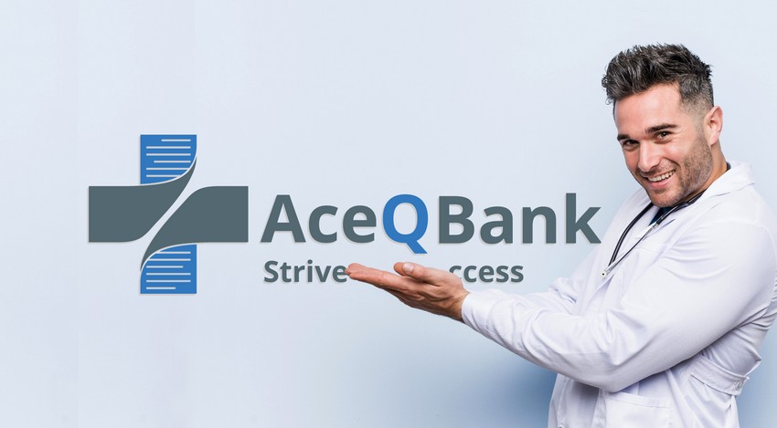 A cheerful man in a lab coat extending his hand, standing next to the Ace QBank logo with the slogan "strive for success" on a light blue background for MCCQE1