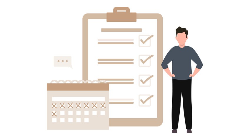 Illustration of a person standing next to a clipboard with checkmark items and a calendar with crossed-out dates, symbolizing the regular use of Ace QBank online question bank for MCCQE Part I practice questions.
