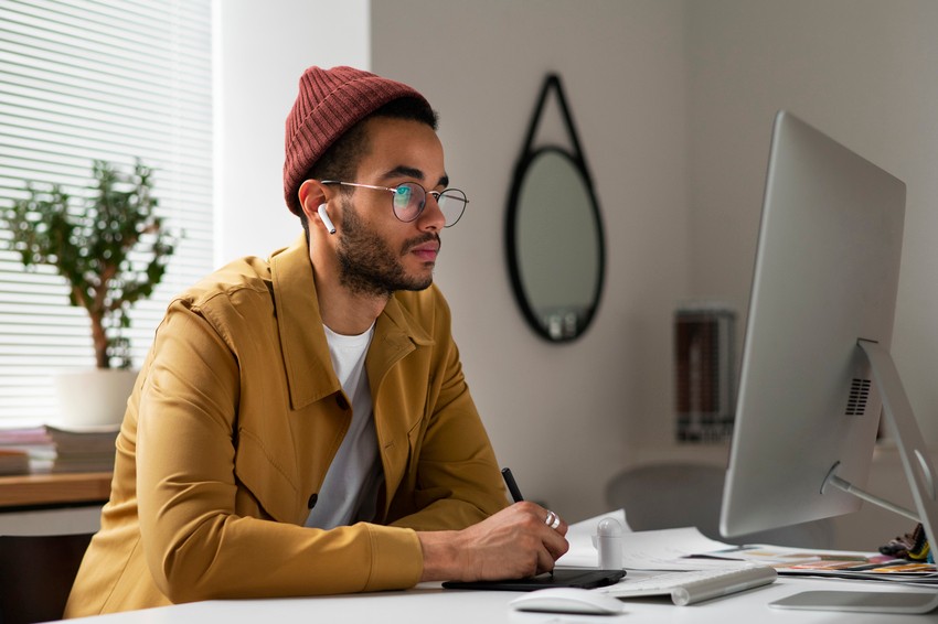 A person wearing glasses and a brown beanie, using AirPods and a digital pen while focused on a computer screen at a work desk, diligently engaged in MCCQE1 exam preparation.