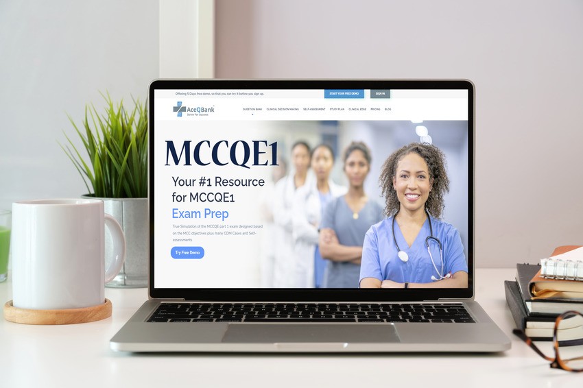 A laptop on a desk showcases a website for MCCQE1 exam preparation using Ace QBank, featuring a group of diverse healthcare professionals and study-related items nearby.
