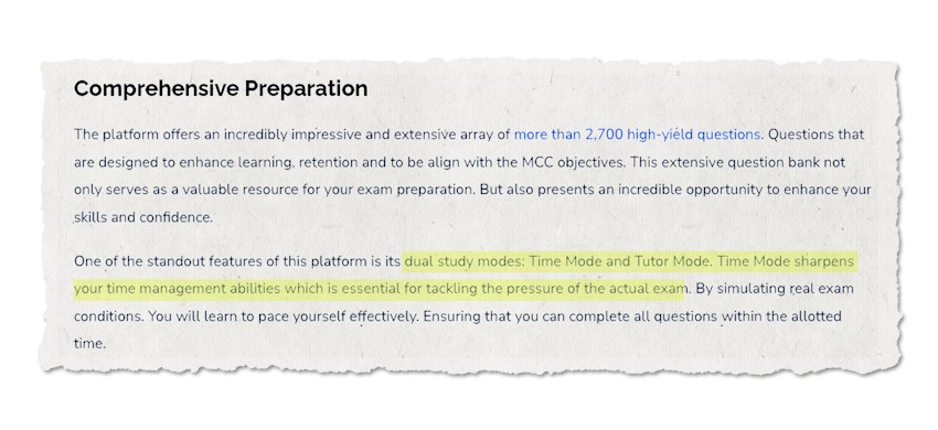 Document snippet highlighting features of a study platform. Emphasizes dual study modes: Time Mode and Tutor Mode, tailored for MCCQE1 exam preparation to improve time management skills for exam success. Discover tips on the Ace QBank blog for MCCQE1 and practice with the best Canadian questions.