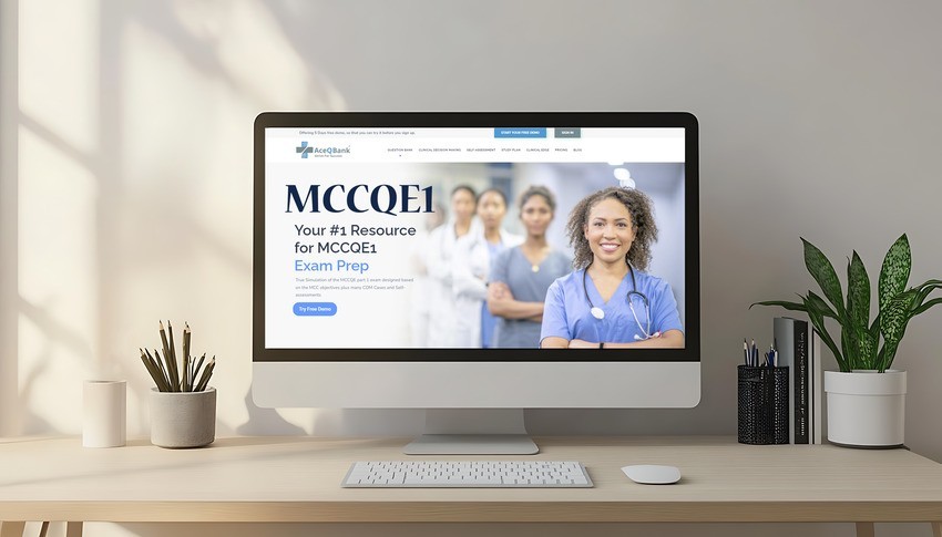 A computer screen showcasing a website for MCCQE1 exam preparation, featuring a group of diverse healthcare professionals. On the desk sits a potted plant and neatly arranged stationery, setting the perfect scene for conquering the MCCQE part 1.