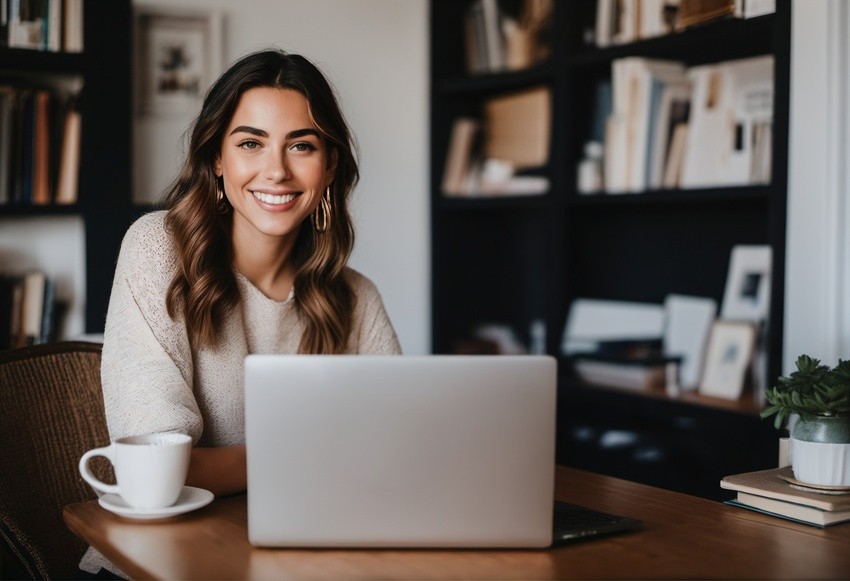 A woman sits at a wooden table with her laptop and coffee cup, smiling as she reviews her MCCQE1 Prep materials. Bookshelves filled with medical Qbank resources are in the background.