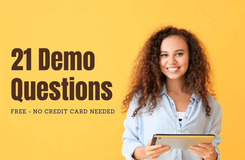Smiling woman holding a tablet stands beside text reading "21 Demo Questions, Free - No Credit Card Needed" on a yellow background. Perfect for MCCQE1 exam prep with Ace QBank.