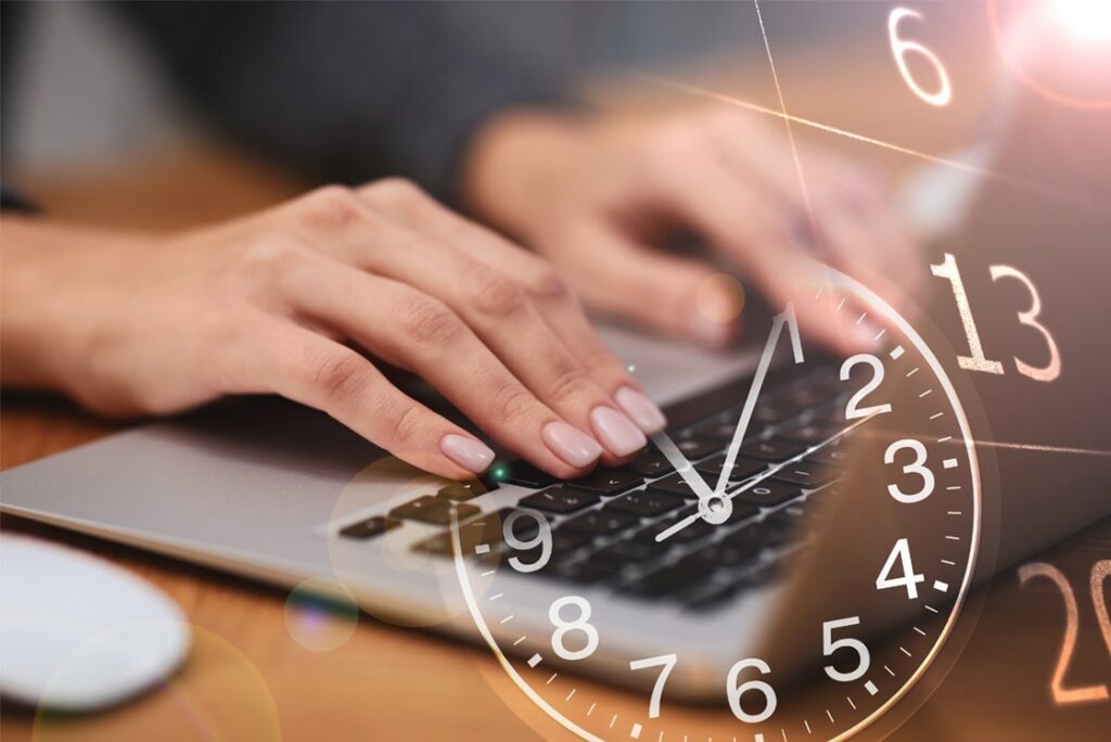 Hands typing on a laptop keyboard with a transparent overlay of a clock, symbolizing MCCQE1 exam preparation or working against the deadline to review MCCQE1 Exam Dates using Ace QBank.