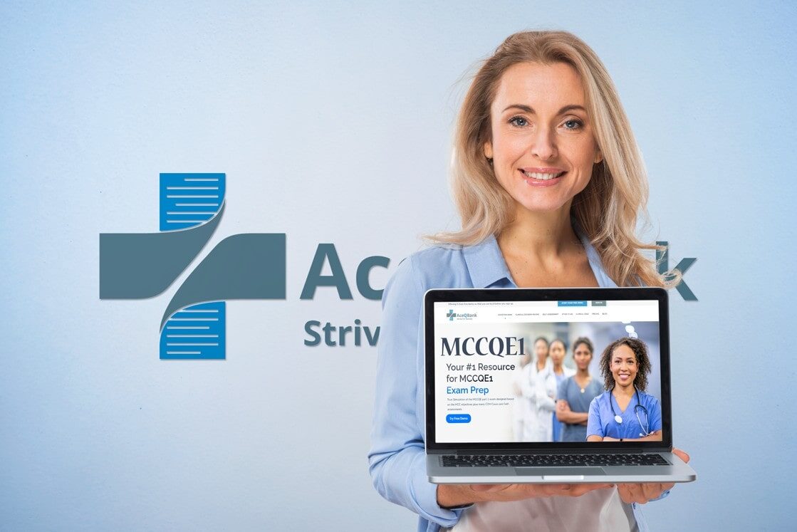 A woman stands in front of a wall with a logo, holding a laptop displaying Ace QBank. A trusted Canadian question bank for MCCQE1 medical exam prep.
