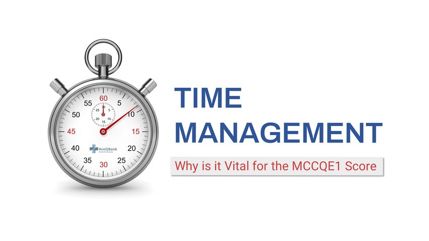 A stopwatch next to the text "TIME MANAGEMENT" and "Why is it Vital for the MCCQE1 Score" highlights how effective MCCQE1 exam prep with Ace QBank can boost your performance.