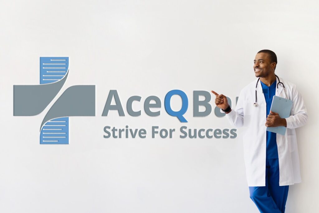 A doctor in a white coat holding a clipboard stands next to a wall with the Ace QBank logo and the slogan "Strive For Success," ready to share tips on How to Use Ace QBank Effectively for MCCQE1 preparation.