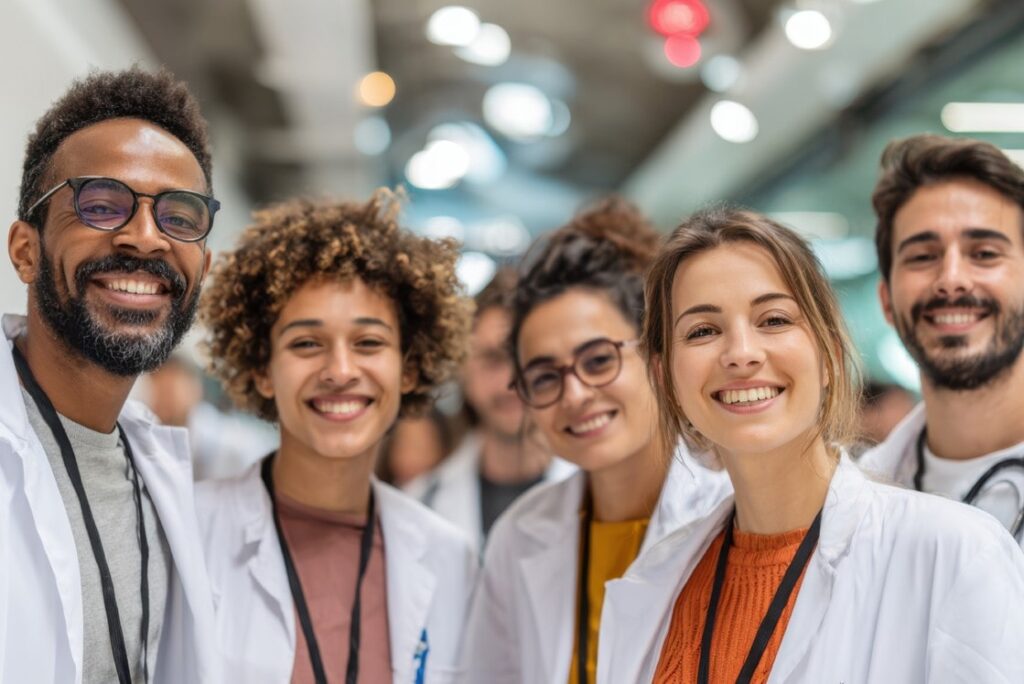 A group of five young adults wearing white lab coats and name badges stand together indoors, smiling at the camera, ready for MCCQE1 Exam Preparation with the latest MCCQE1 Qbank new update inspiring Canadian medicine.