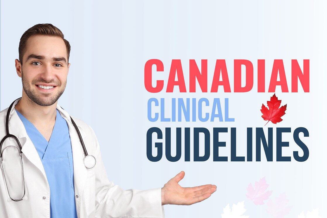 A male doctor in a white coat and blue scrubs gestures toward text that reads "Canadian Clinical Guidelines" with a red maple leaf, highlighting their importance for MCCQE1 Exam Preparation using Ace QBank.