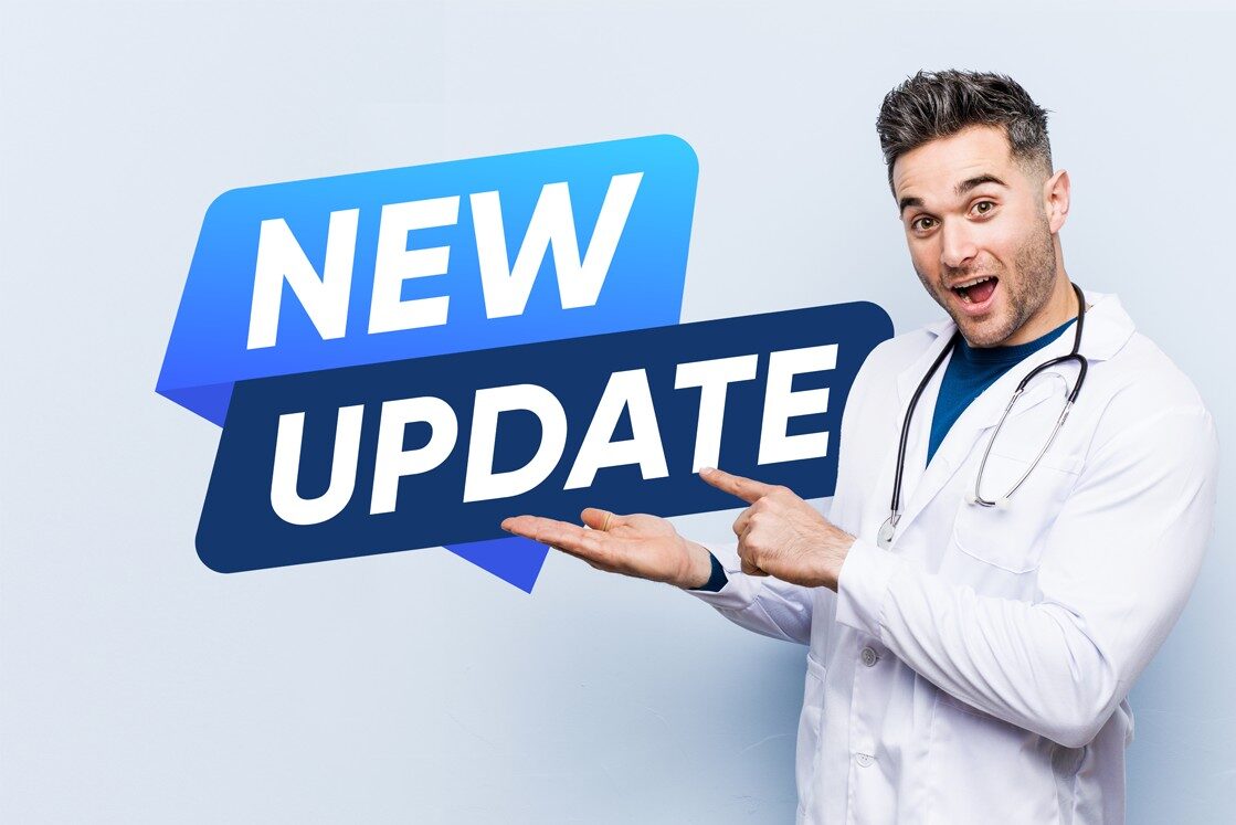 A doctor in a white coat with a stethoscope points to a sign that says "NEW Ace QBank UPDATE" on a light blue background, highlighting the latest features in the MCCQE1 Question Bank.