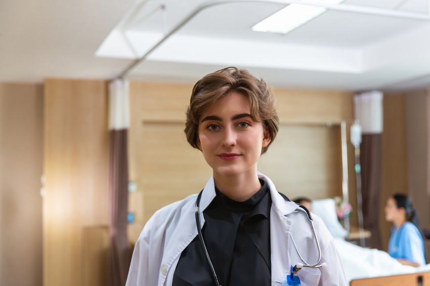 A doctor with short hair and a stethoscope stands in a hospital room, confidently ready for the day—reflecting the expertise gained through MCCQE1 Exam Preparation; medical staff and a patient are visible in the background.