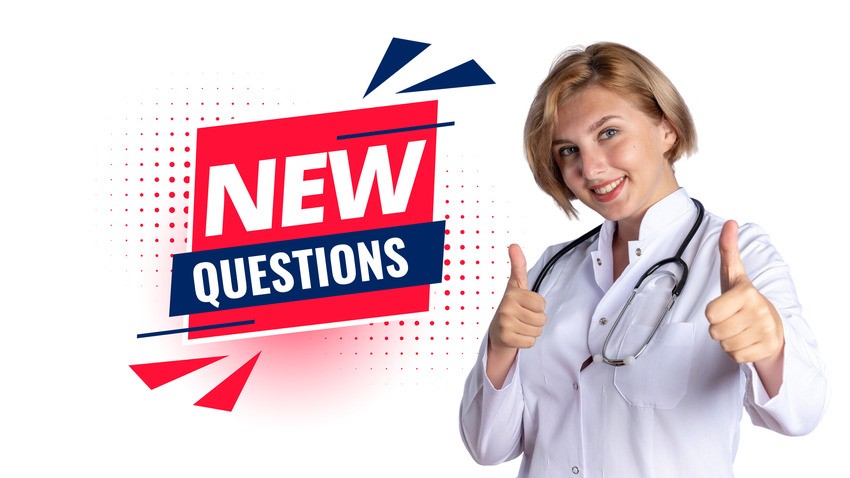 A female doctor in a white coat with a stethoscope gives two thumbs up next to a sign that says "NEW QUESTIONS," highlighting MCCQE1 exam preparation with Ace QBank on a white background.
