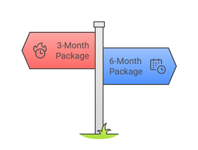 A simple signpost stands on short grass with two arrows. The left red arrow reads “3-Month Package” and shows a stopwatch-and-flame icon; the right blue arrow says “6-Month Package” with a calendar-and-clock icon. Analogy for Ace QBank MCCQE1 packages.
