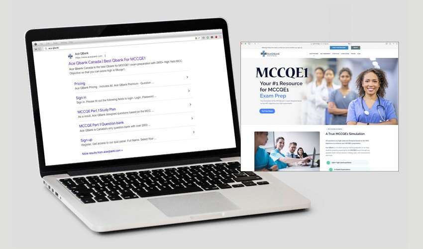 A laptop displays a search engine results page on the left and an Ace QBank website about MCCQE1 Exam Preparation with healthcare professionals on the right, highlighting more Canadian guidelines with the new MCCQE1 update.