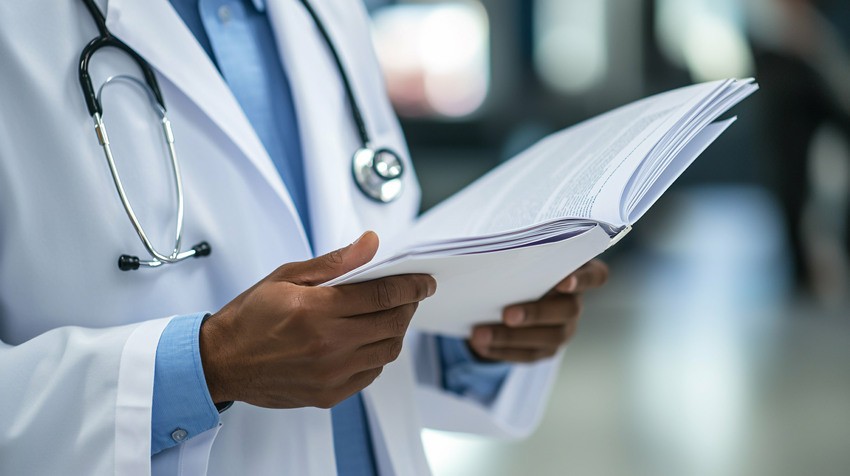 A person in a white lab coat with a stethoscope is holding and reading a document, reviewing Canadian Clinical Guidelines for effective MCCQE1 Exam Preparation.