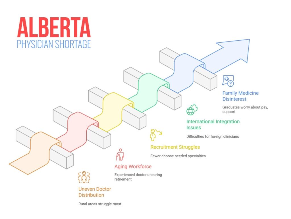 Infographic showing five causes of Alberta’s physician shortage. Uneven doctor distribution, aging workforce, recruitment struggles, international integration issues, and family medicine disinterest. Includes the impact of the Alberta MCCQE1 exam waiver.