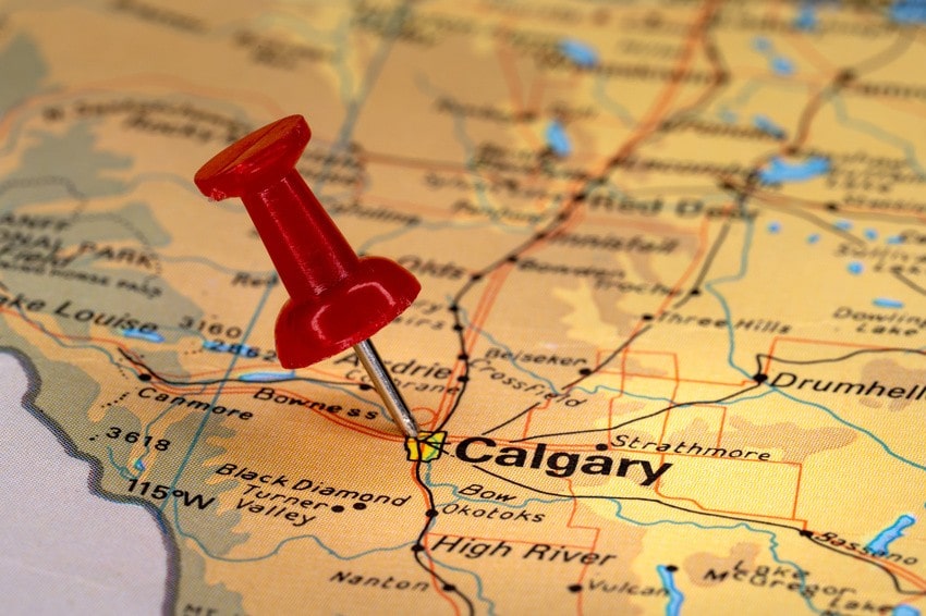 A red pushpin marks the location of Calgary on a detailed map of Alberta, perfect for those focused on MCCQE1 exam preparation with Ace QBank and wondering, "Has Alberta waived the MCCQE1 exam?"