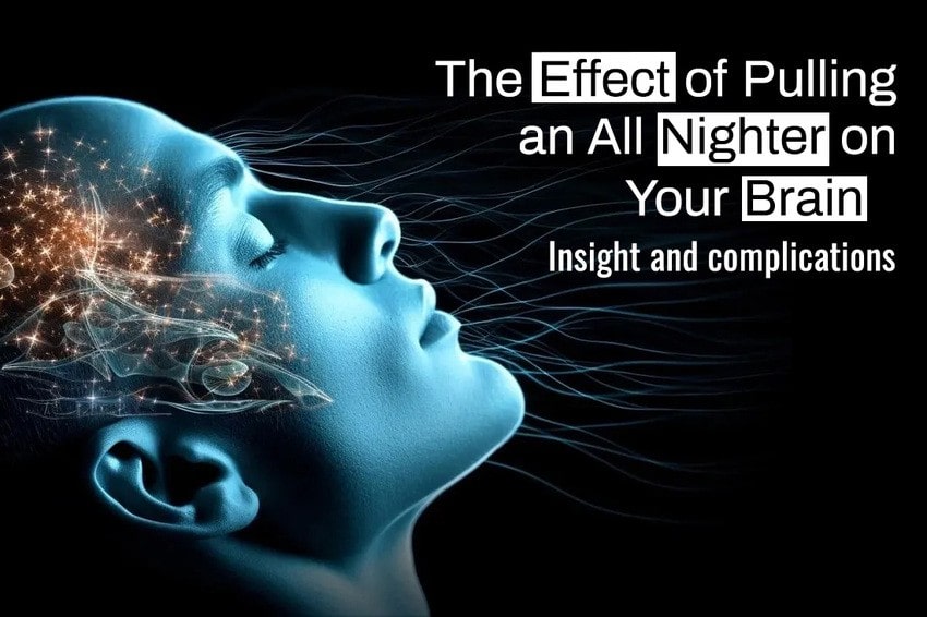 A digital illustration of a person’s head with abstract neural patterns, alongside the text: “The Effect of Pulling an All-Nighter on Your Brain. Insight and Complications.” relevant for those focused on MCCQE1 exam preparation and getting the most out of the last Chance to Secure Your MCCQE Part 1 Pass in 2025.