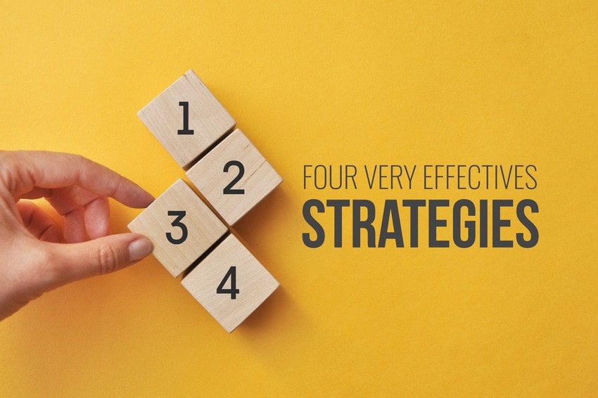 A hand arranges four wooden blocks numbered 1–4 in a staggered column on a bright yellow background; to the right, bold text reads "FOUR VERY EFFECTIVES STRATEGIES for MCCQE1 exam preparation with Ace QBank