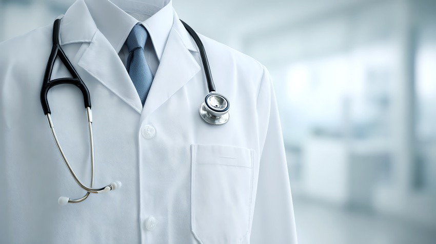 A close-up of a doctor wearing a white lab coat and light blue tie, with a stethoscope draped around the neck; the background is a softly blurred, bright clinical or hospital setting. Highlighting the Alberta physician shortage and emphasizing MCCQE1 exam preparation.