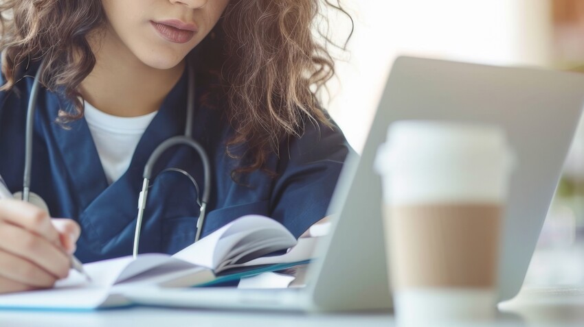 A person in medical scrubs with a stethoscope writes in a notebook while using a laptop and a coffee cup sits in the foreground. Perfectly capturing MCCQE1 exam preparation and the journey to securing a medical licence in Canada.